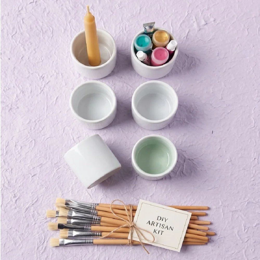 Set 6 Tazzine in Ceramica Multiuso + Kit 24 Pennelli in Setola Sintetica con Manico in Legno