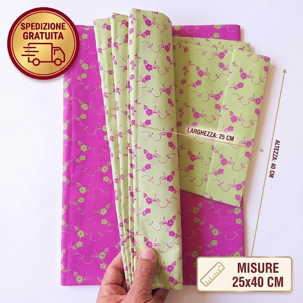 Set 10 Buste Regalo Perlate Bifacciali 25x40 cm – Fantasia Floreale Floriade (Fucsia e Verde Mela)