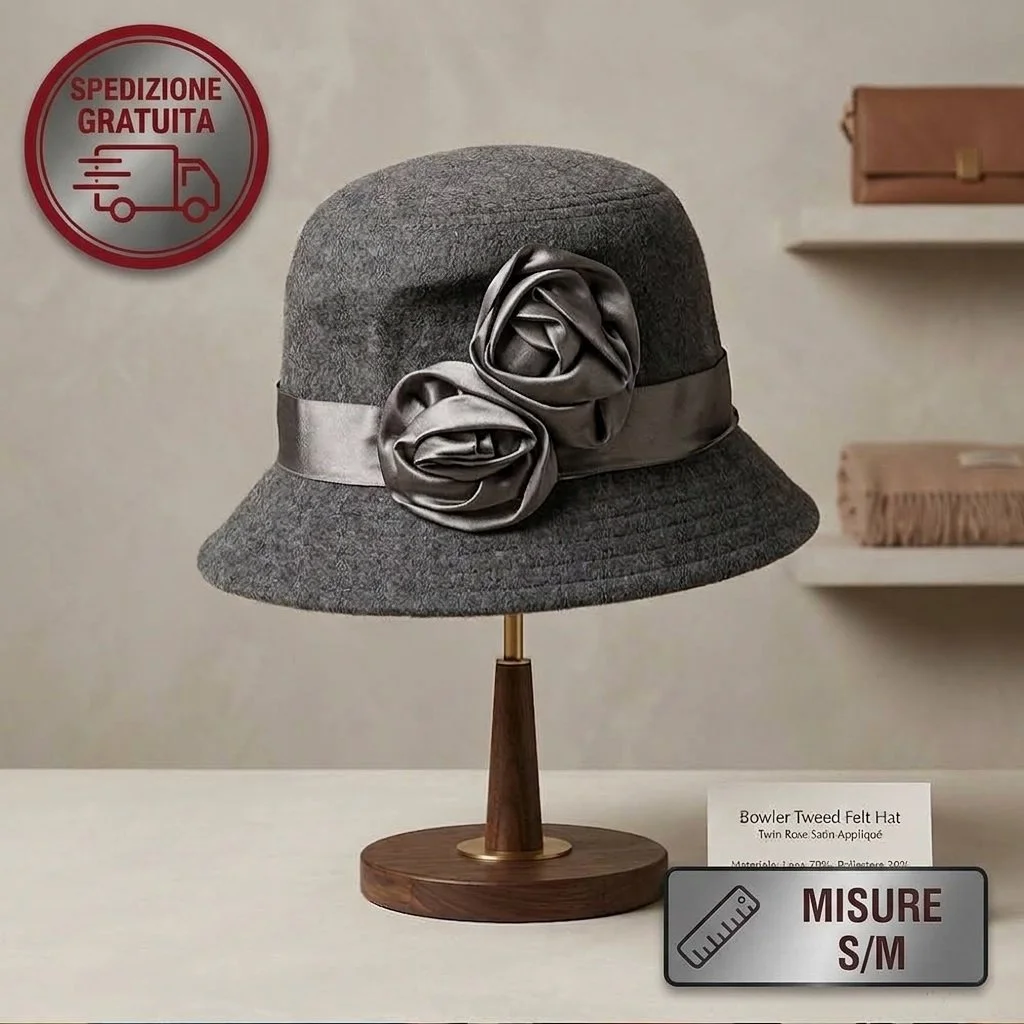 Cappello da Donna Elegante in Feltro Grigio con Rose in Raso – Taglia S/M