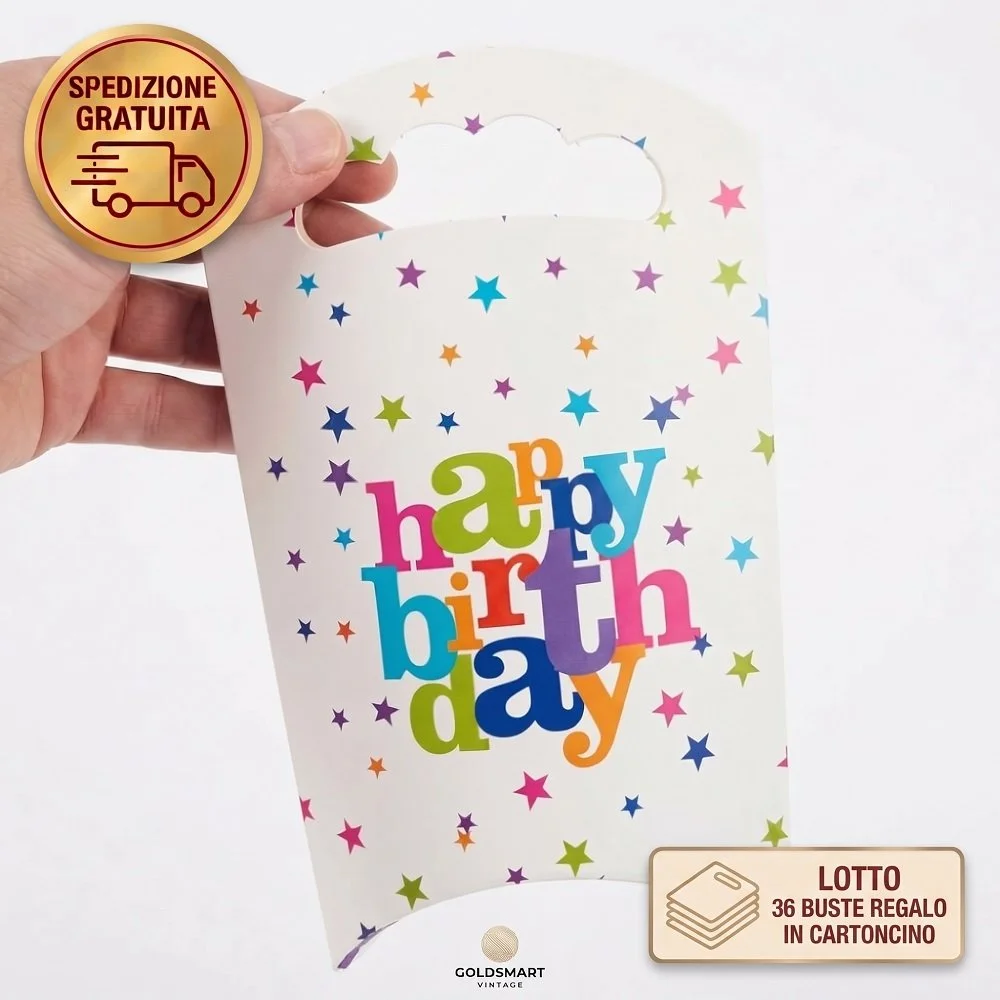 Set 36 Buste Regalo in Cartoncino "Happy Birthday" con Stelline (13x9 cm) – Sacchetti Festa