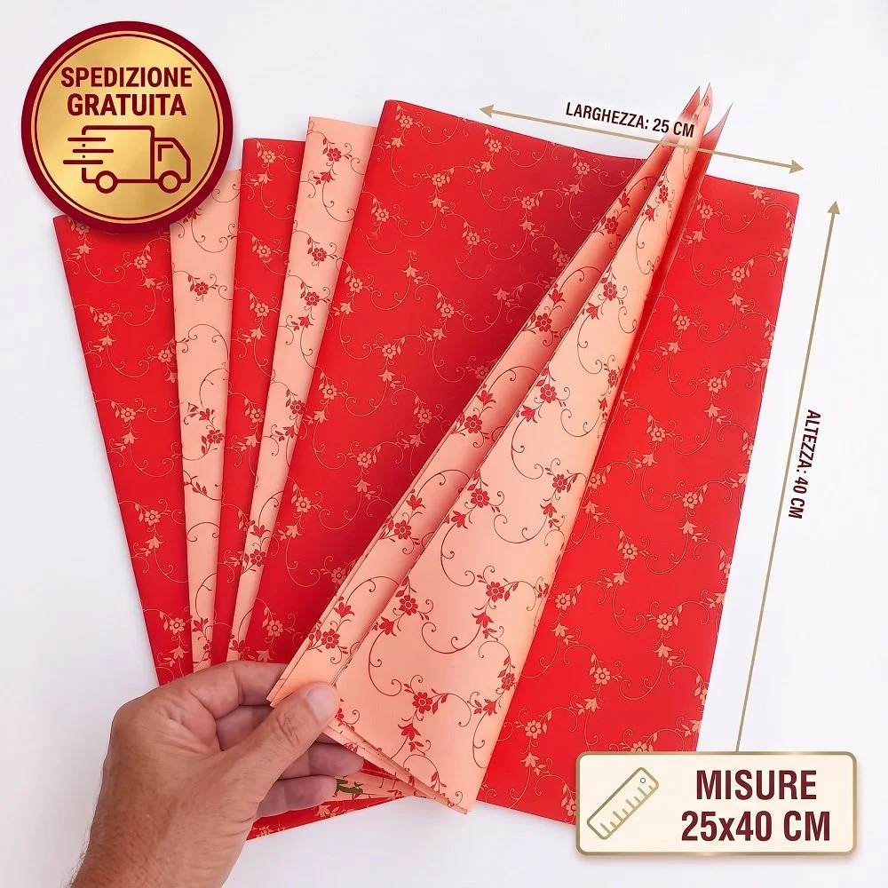 Set 10 Buste Regalo Perlate 25x40 cm – Fantasia Floriade Bifacciale Rosso/Rosa