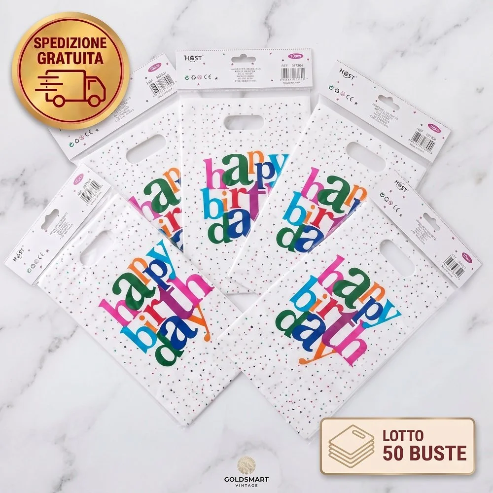 Set 50 Buste Regalo Compleanno "Happy Birthday" (32x22 cm) – Sacchetti Festa Assortiti