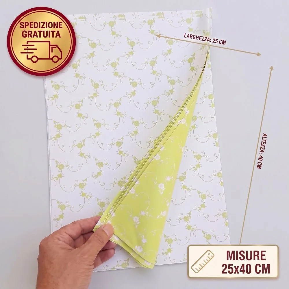 Set 10 Buste Regalo Perlate 25x40 cm – Fantasia Floriade Bifacciale Bianco/Verde Chiaro