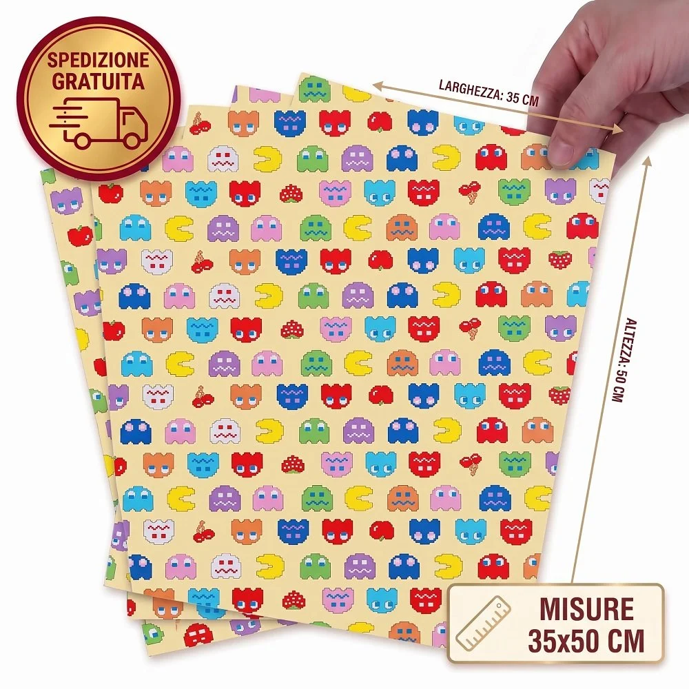 Set 10 Buste Regalo Pac-Man Retrogaming 35x50 cm – Fondo Giallo Paglia
