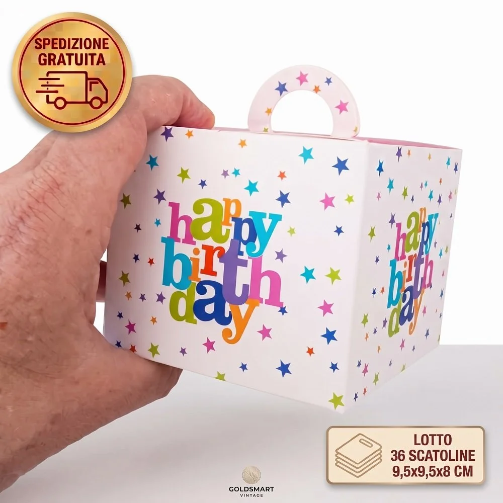 Set 36 Scatoline Portaconfetti e Dolcetti "Happy Birthday" con Stelline Colorate (9,5x9,5x8 cm)