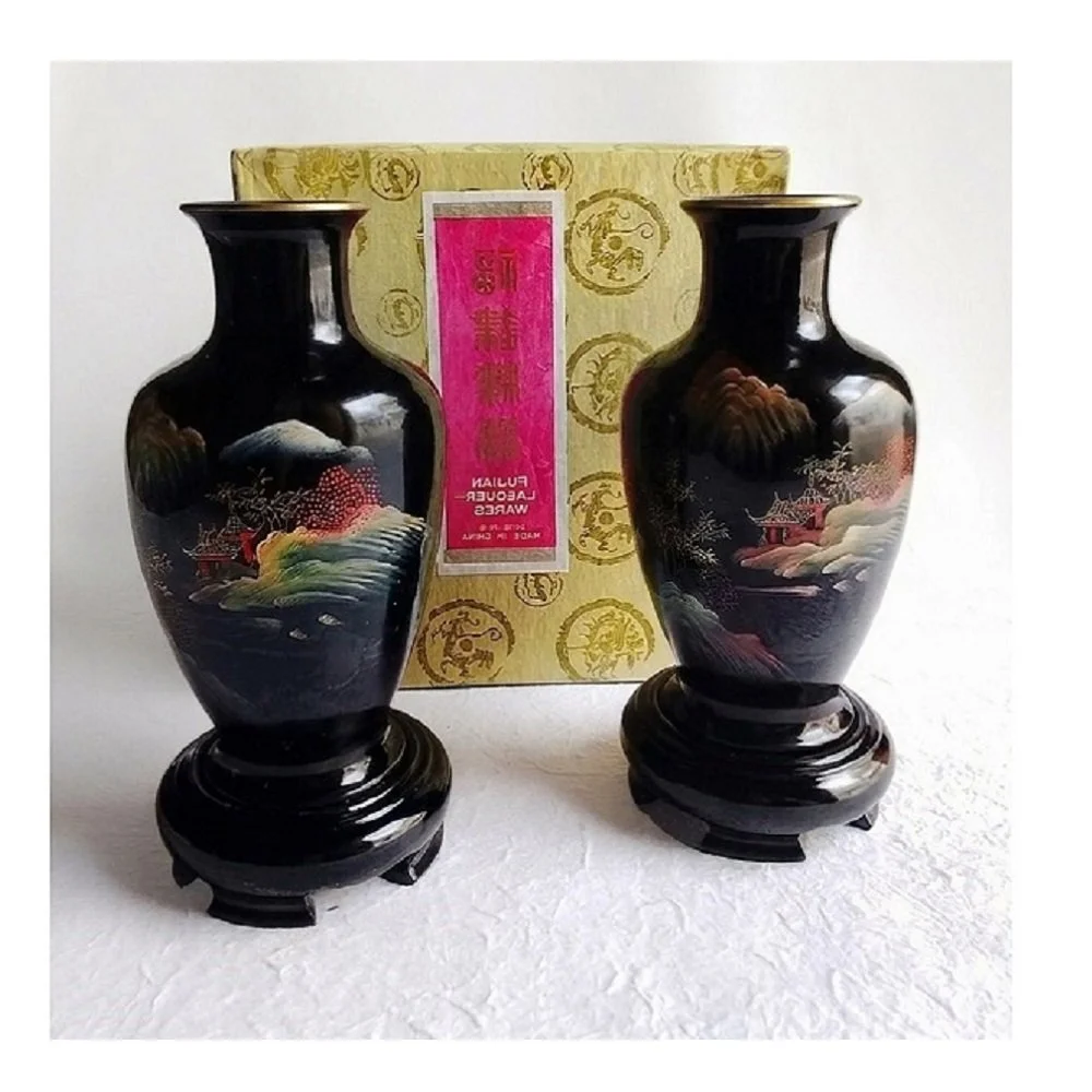 Coppia Vasi Cinesi in Lacca del Fujian 1973 Vintage NOS Box