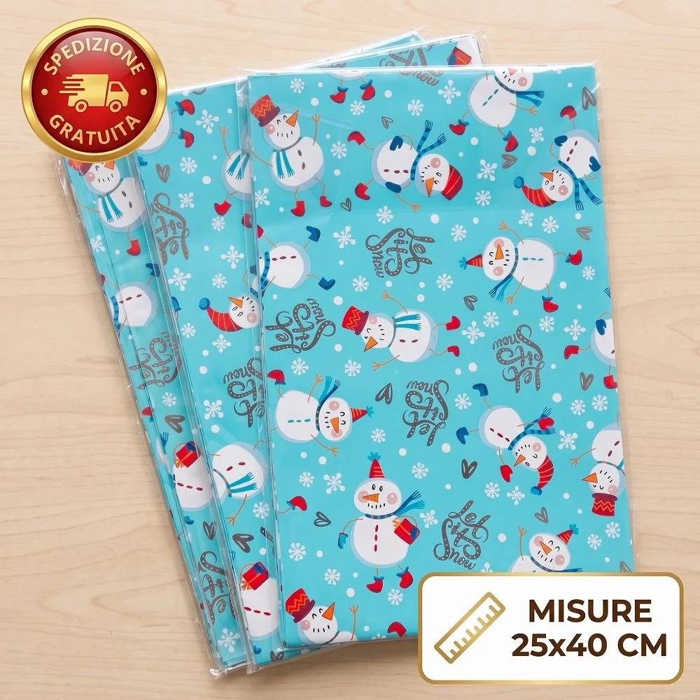Confezione 20 Buste Regalo Natalizie 25x40 cm in PPL Decorate con Pupazzo di Neve "Let It Snow"