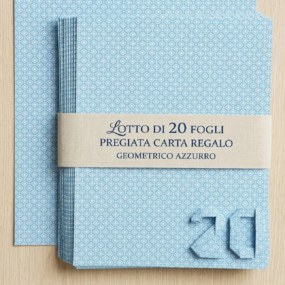 Lotto 20 Fogli Carta da Regalo Fantasia Geometrica Celeste 100x70 cm 80g