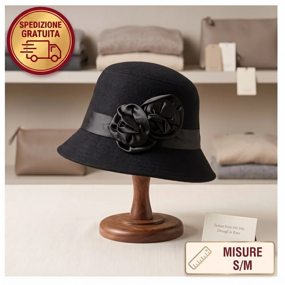 Cappello da Donna Elegante in Feltro Nero con Rose in Raso – Taglia S/M