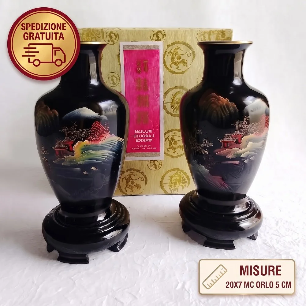 Coppia Vasi Cinesi in Lacca del Fujian – Stock d'Epoca 1973 (NOS in Scatola Originale)