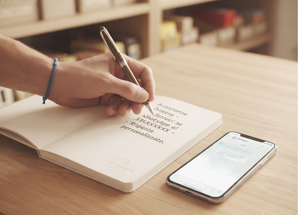 Una mano scrive su un taccuino con un pennarello dorato, accanto uno smartphone con una conversazione di messaggi. Sul taccuino c'è un messaggio scritto a mano con le istruzioni per contattare un'assistenza tramite WhatsApp.