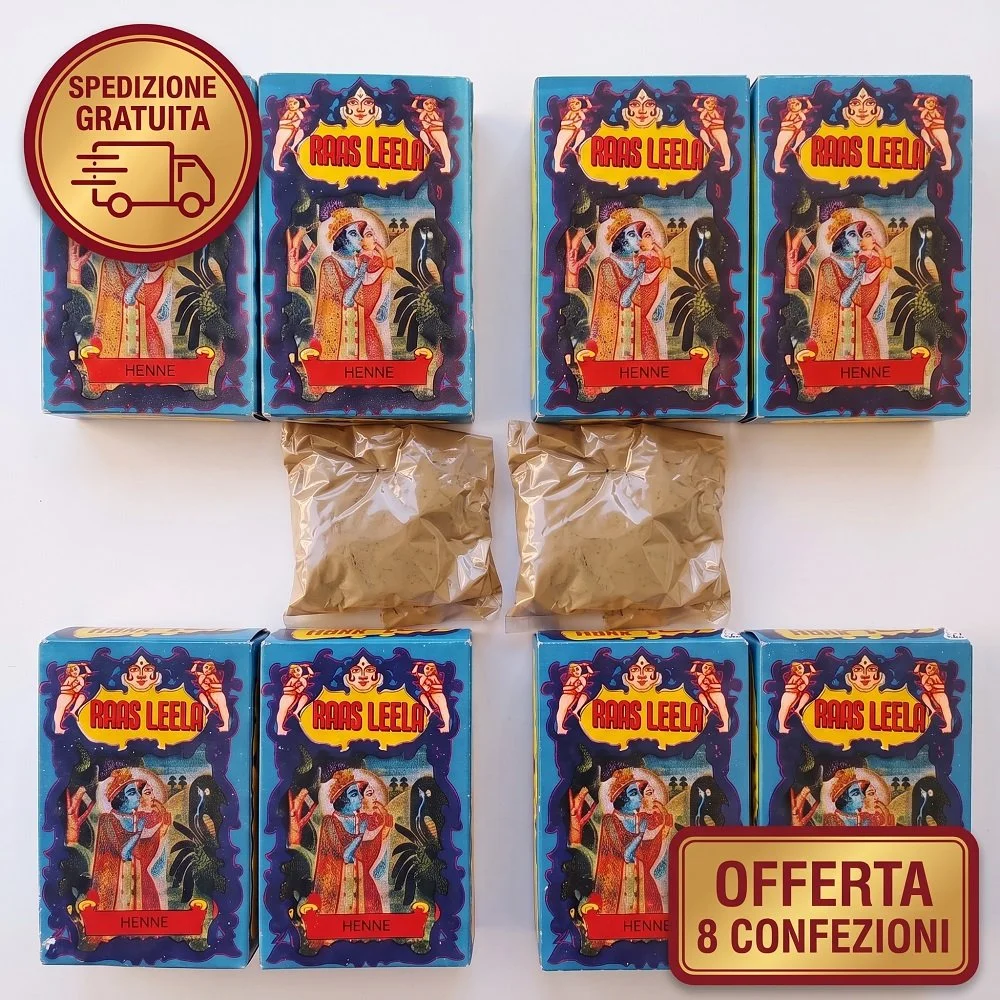 Lotto 8 Confezioni Henné Puro in Polvere Raas Leela (600g Totali) – Colorazione Naturale Capelli e Tatuaggi Temporanei