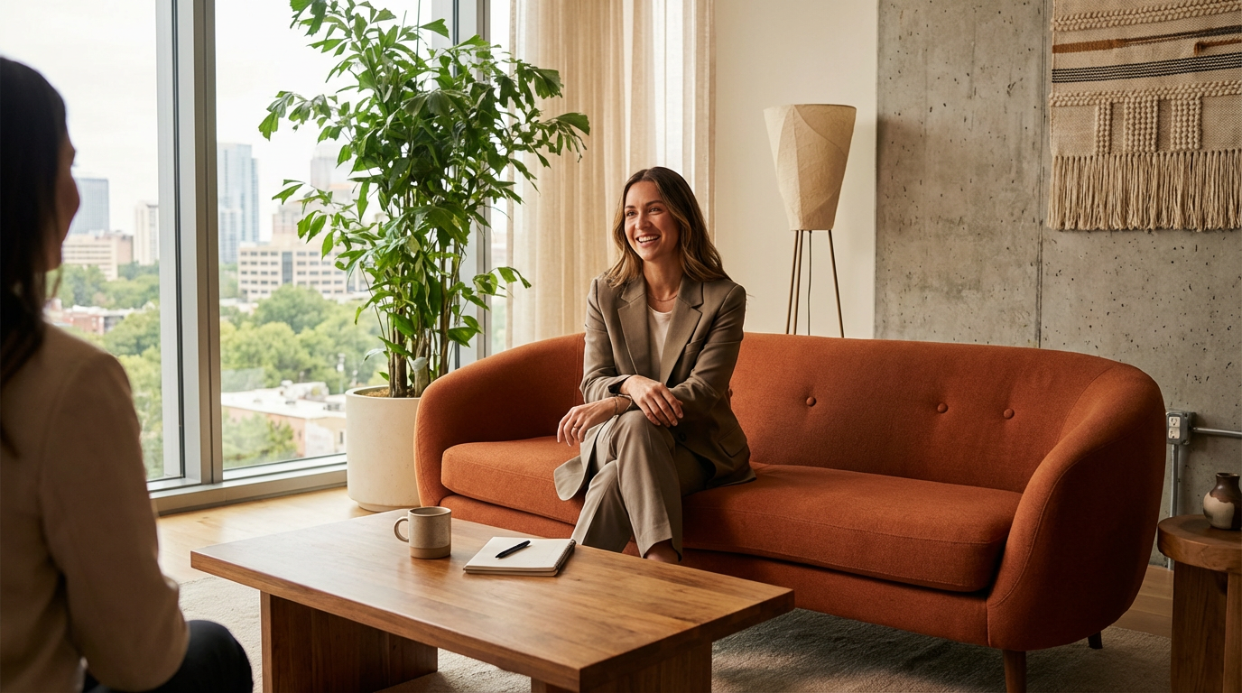 A woman in a beige suit smiling during a conversation in a modern office or living room with large windows, a green plant, a wooden coffee table, and a textured wall decor.