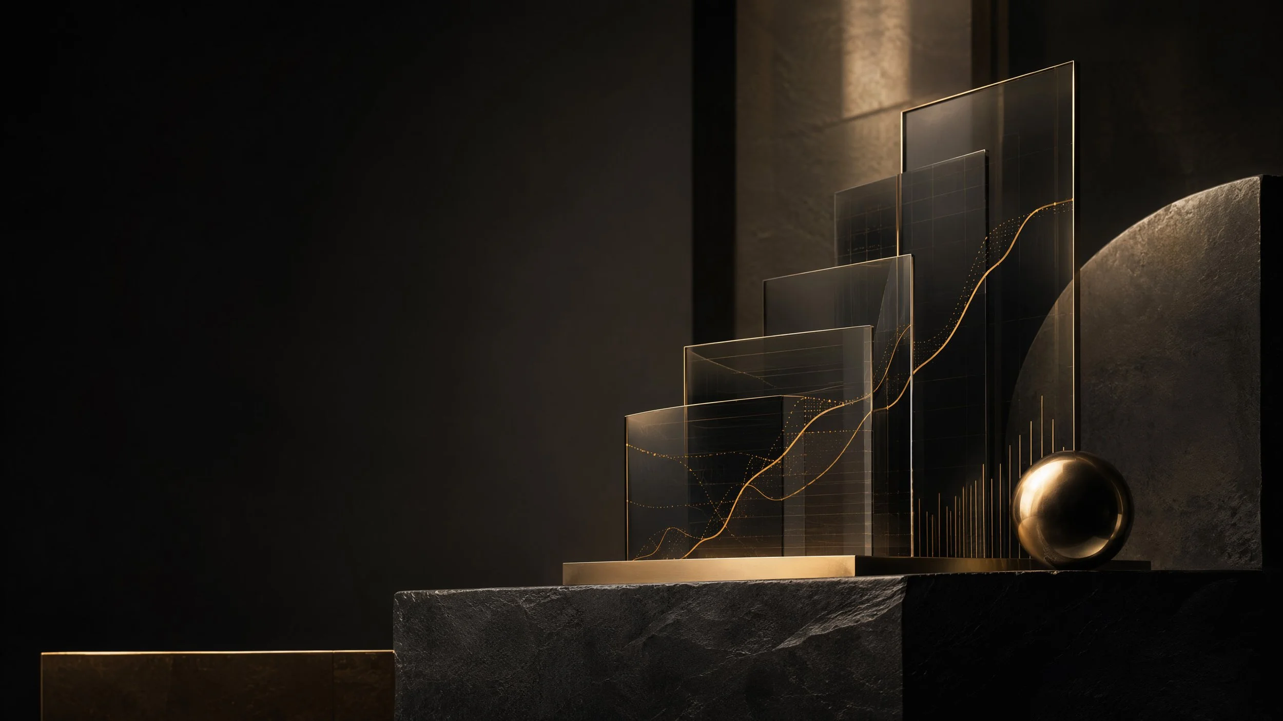 Dark background with illuminated, layered transparent panels displaying gold and black abstract line graphs and data visualizations, with a gold sphere at the bottom right
