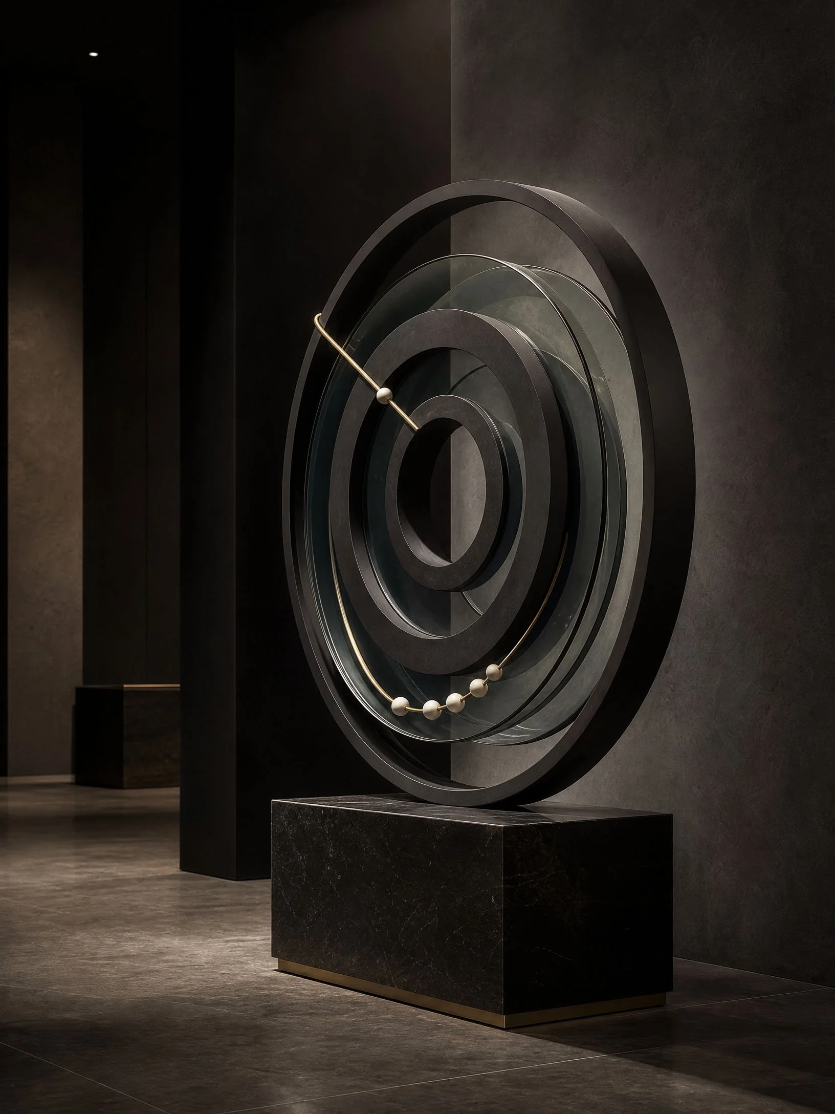A modern, abstract sculpture on a black pedestal in a dark gallery space, consisting of concentric black rings and a thin gold line with white spheres, against a grey wall.