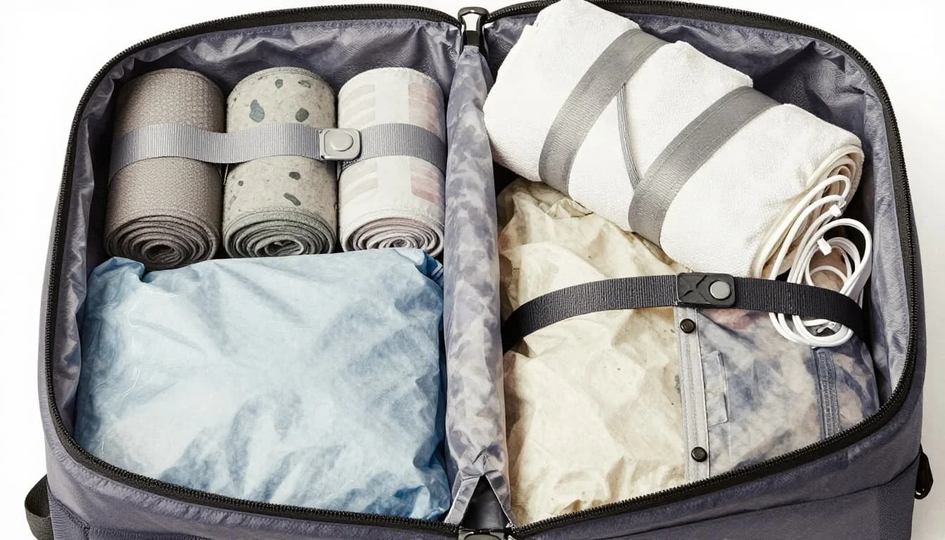 packing hacks — rolled clothes and packing cubes in a suitcase