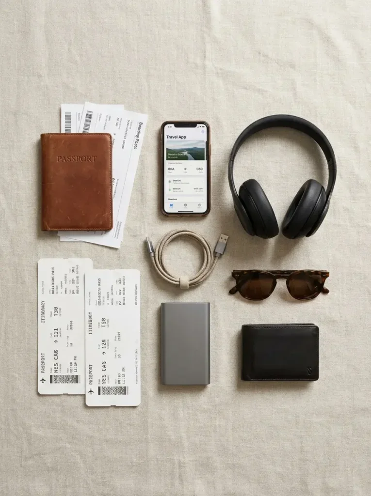 travel essentials checklist — passport, phone, charger and accessories