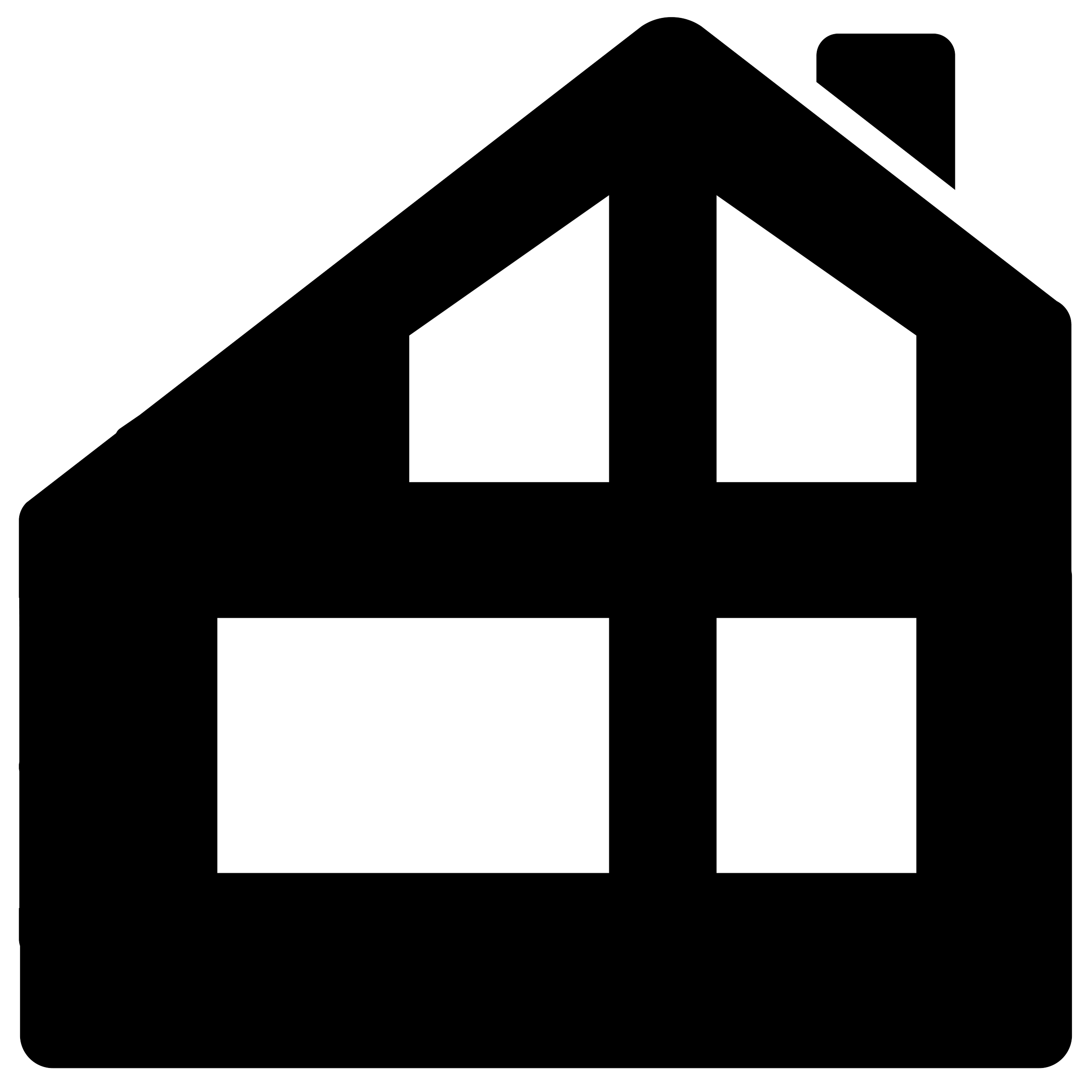 Black-and-white icon depicting a house with a triangular roof and a rectangular door, next to a document or paper with a folded corner.