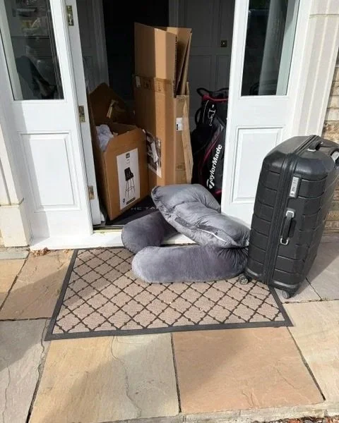 Entryway with open door, a silver neck pillow, and a black rolling suitcase on a patterned outdoor rug.