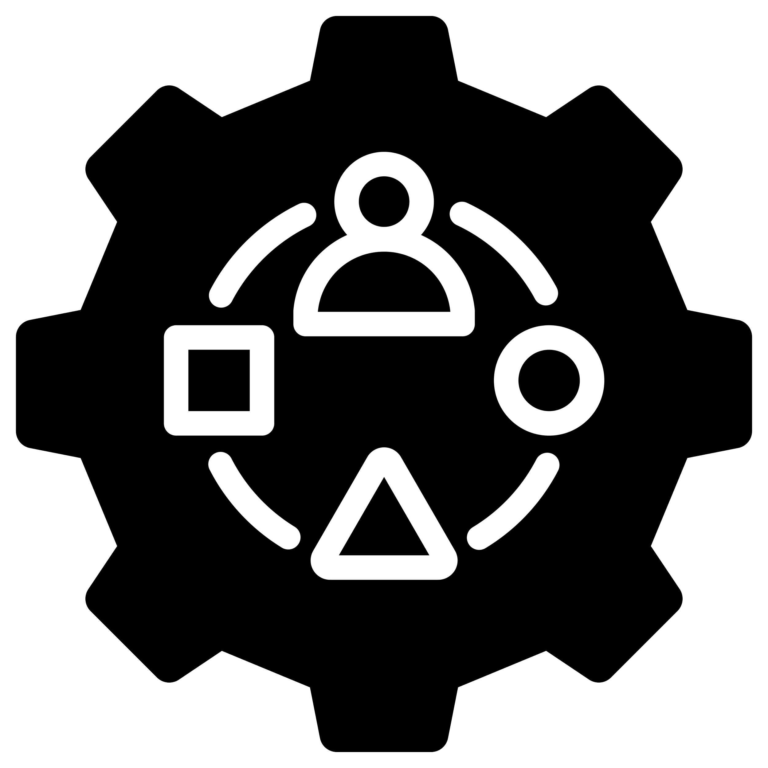 An abstract white icon of a person against a black background, encompassed by a hexagonal outline with dotted lines.