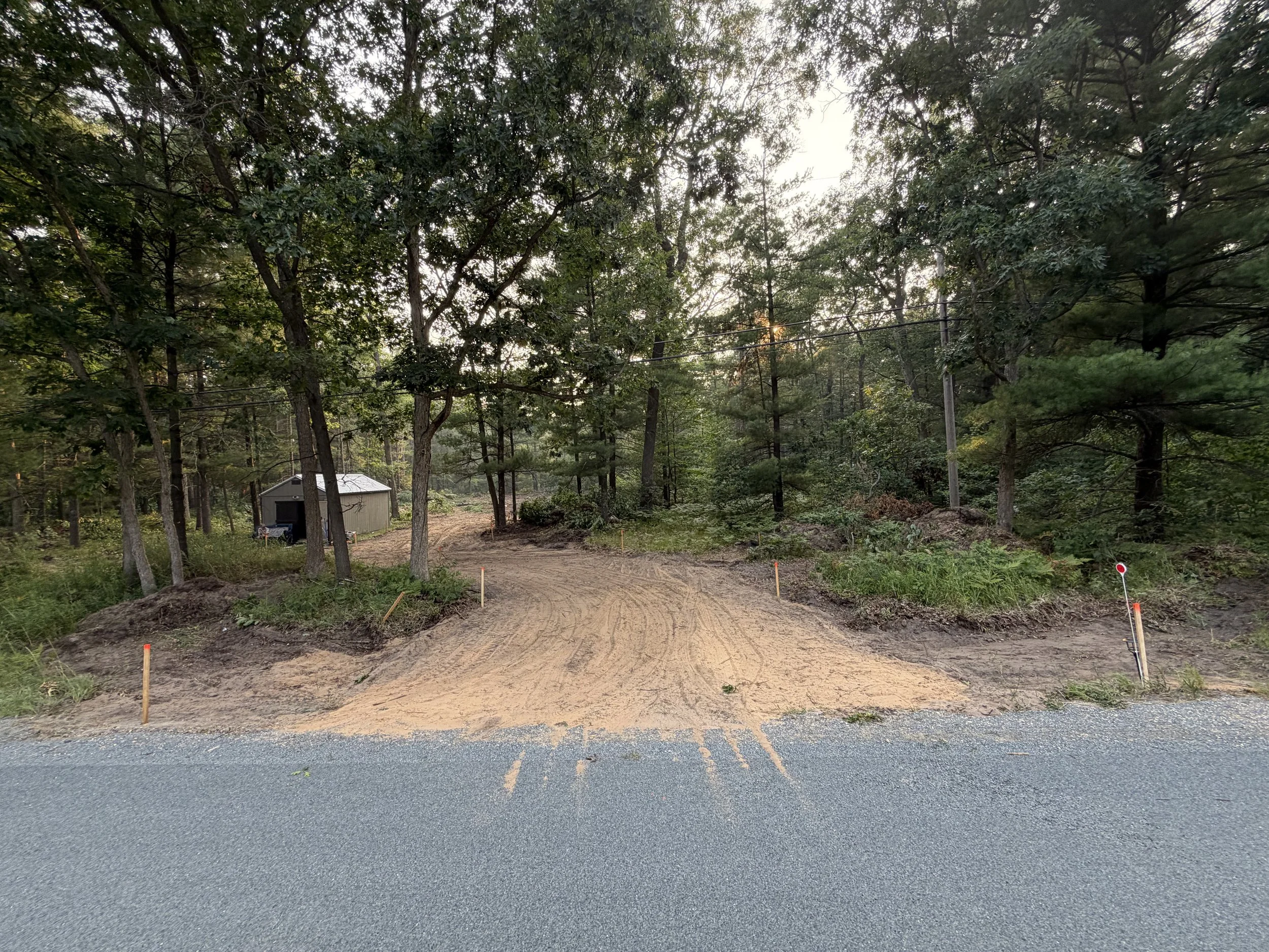 A dirt pathway in a wooded area with trees, a small shed, and utility poles, with the sun setting behind the trees.