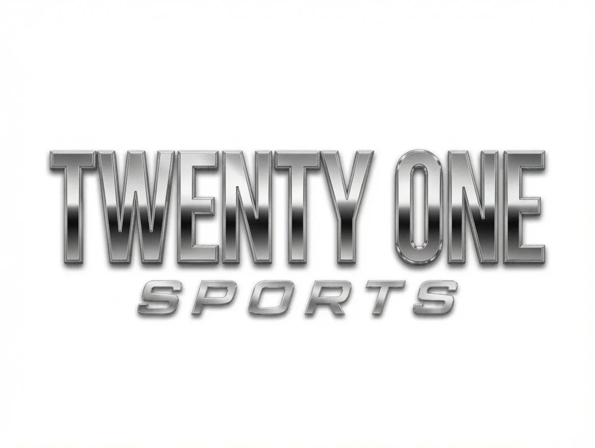 Silver metallic logo with text 'Twenty One Sports' in gradient chrome style on a white background.