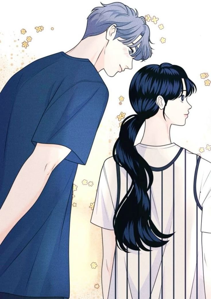 Drawing of a young man with light purple hair leaning toward a young woman with long black hair tied in a ponytail, both facing sideways, with flowers floating around them.