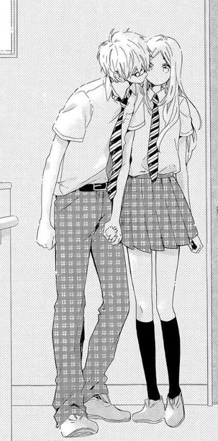 A black and white drawing of a teenage boy and girl in school uniforms holding hands, standing close to each other near a door.