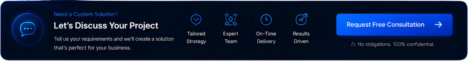 Digital banner advertising a project discussion service with a chat icon and features like tailored strategy, expert team, on-time delivery, and results-driven approach. Blue background with a call-to-action button for a free consultation.