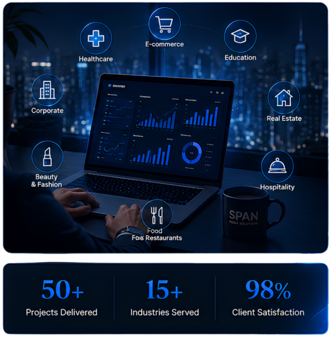 Graphic showing a laptop on a desk with business data on the screen, surrounded by icons representing various industries such as healthcare, e-commerce, education, real estate, hospitality, food & restaurants, beauty & fashion, and corporate. The background features a city skyline at night. Below, statistics are displayed: 50+ projects delivered, 15+ industries served, and 98% client satisfaction.