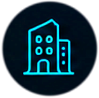 Icon of a blue city building with multiple windows on a dark background.