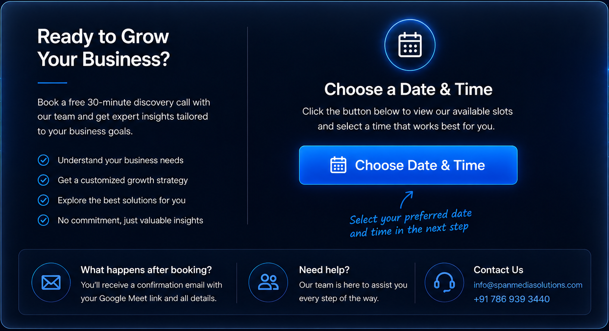 A dark-themed online scheduling interface titled 'Ready to Grow Your Business?' With a section to choose a date and time using a blue button labeled 'Choose Date & Time.' Additional information about booking a free consultation and contact details are included, along with icons for email, support, and contact.