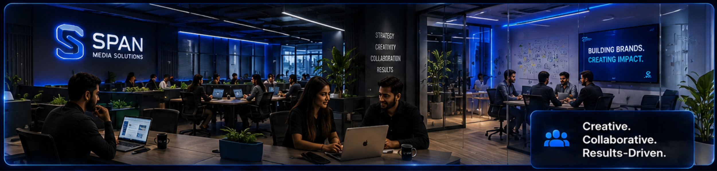 Modern office or co-working space with multiple groups of people working at tables, illuminated by blue lighting. Large screens display the company logo 'SPAN MEDIA SOLUTIONS' and slogans such as 'BUILDING BRANDS. CREATING IMPACT.' and 'Creative. Collaborative. Results-Driven.' The office has plants and glass partitions.