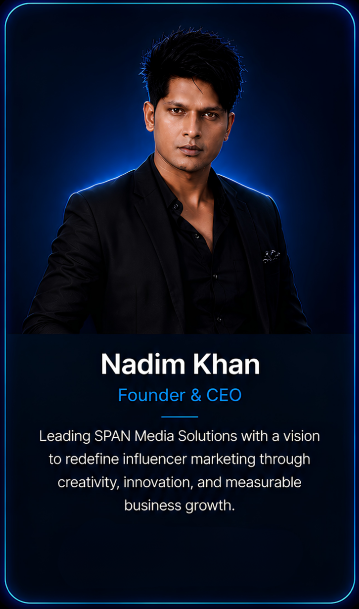 A professional portrait of Nadim Khan, Founder & CEO, wearing a black suit and shirt, against a dark background with blue neon accents, with a caption describing his role and vision for SPAN Media Solutions.