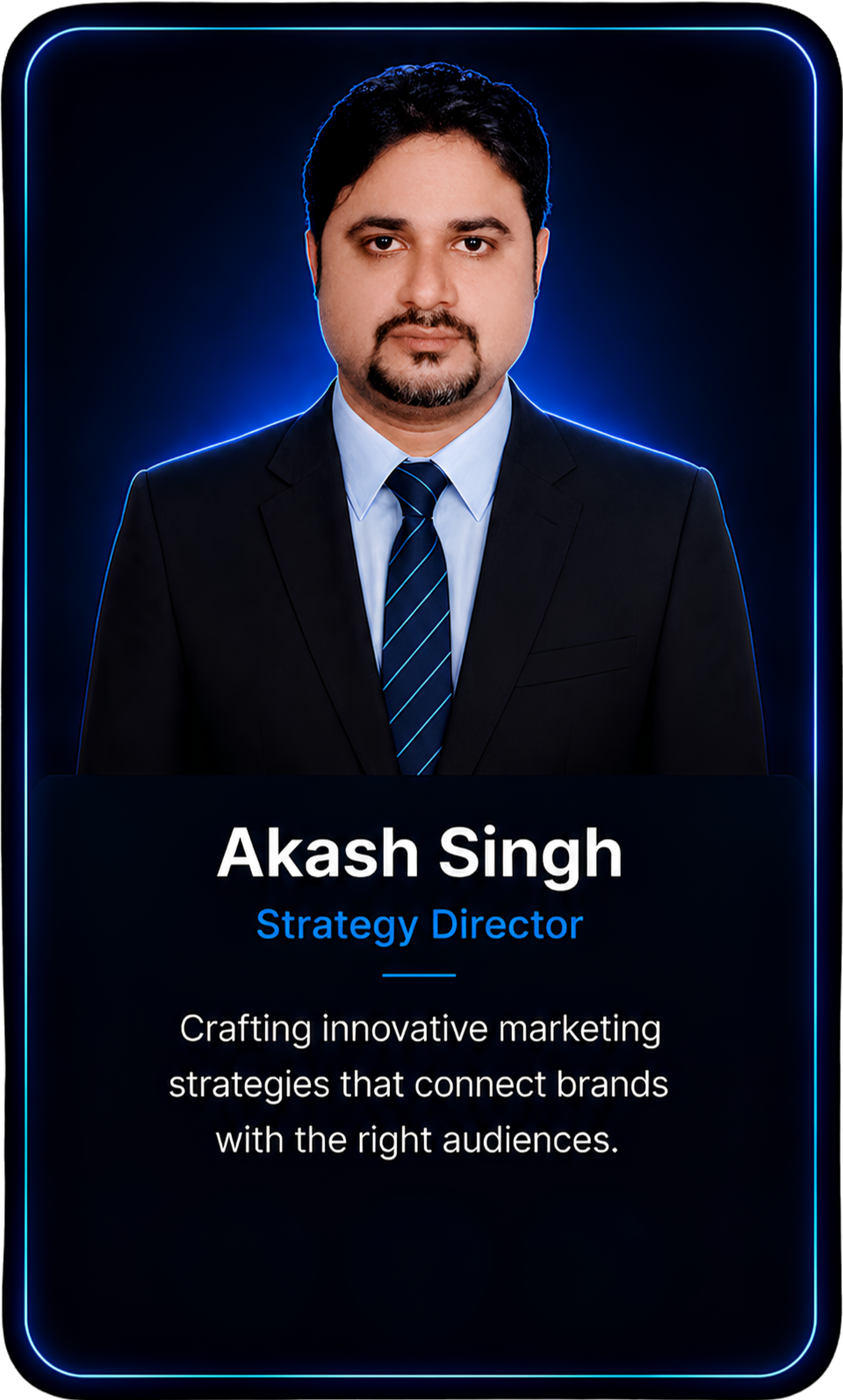 Professional portrait of Akash Singh, Strategy Director, wearing a suit and tie, with a glowing blue outline background.