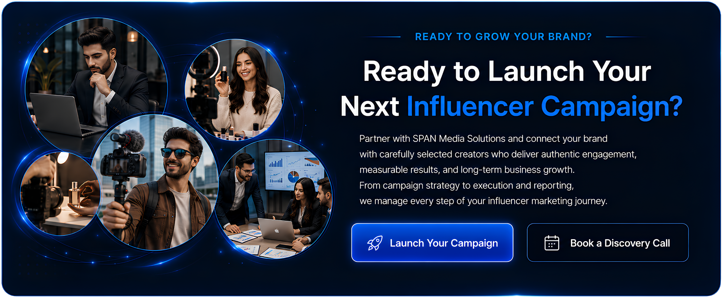 Digital marketing campaign promotional banner with photos of content creators, a graph chart on a monitor, and options to launch campaign or book a discovery call.