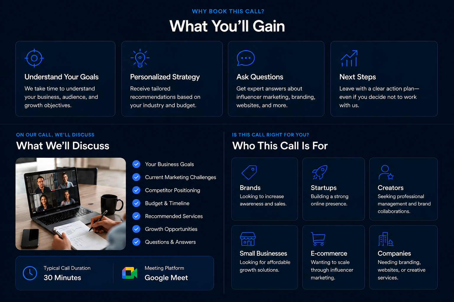 Web page promoting business call consultations with sections on benefits, topics discussed, call details, and target audiences, featuring a screenshot of a video conference on a laptop.