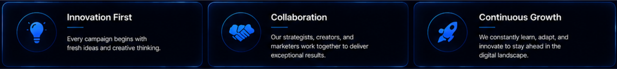Three columns of business philosophy statements with icons. The first column has a light bulb icon and the text 'Innovation First', emphasizing fresh ideas and creative thinking. The second column has a handshake icon and the text 'Collaboration', highlighting teamwork among strategists, creators, and marketers. The third column has a rocket icon with the text 'Continuous Growth', discussing learning, adaptation, and innovation to stay ahead in the digital landscape.