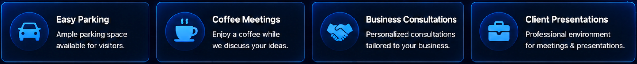 Four blue icons with accompanying text describing services: a car icon for 'Easy Parking' with mention of ample parking space, a coffee cup icon for 'Coffee Meetings' encouraging coffee during discussions, a handshake icon for 'Business Consultations' offering personalized consultations, and a briefcase icon for 'Client Presentations' indicating a professional environment for meetings and presentations.