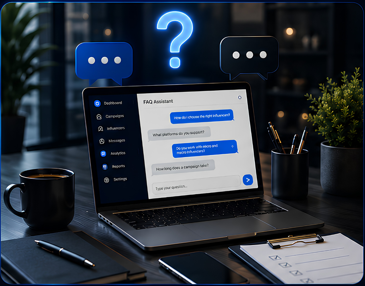Laptop on a desk displaying a FAQ assistant chatbot with questions about digital influence and campaign duration, surrounded by a coffee mug, notebooks, pens, and plants in a modern office setting at night.