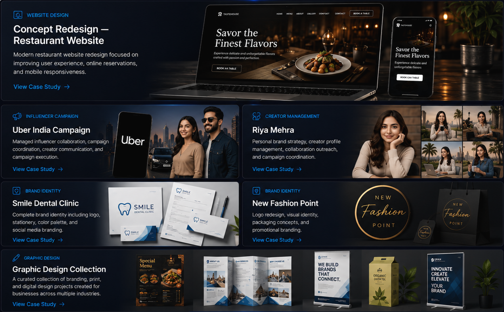 Website design portfolio showcasing various projects including restaurant website redesign, influencer campaign, brand identity, and graphic design collection.