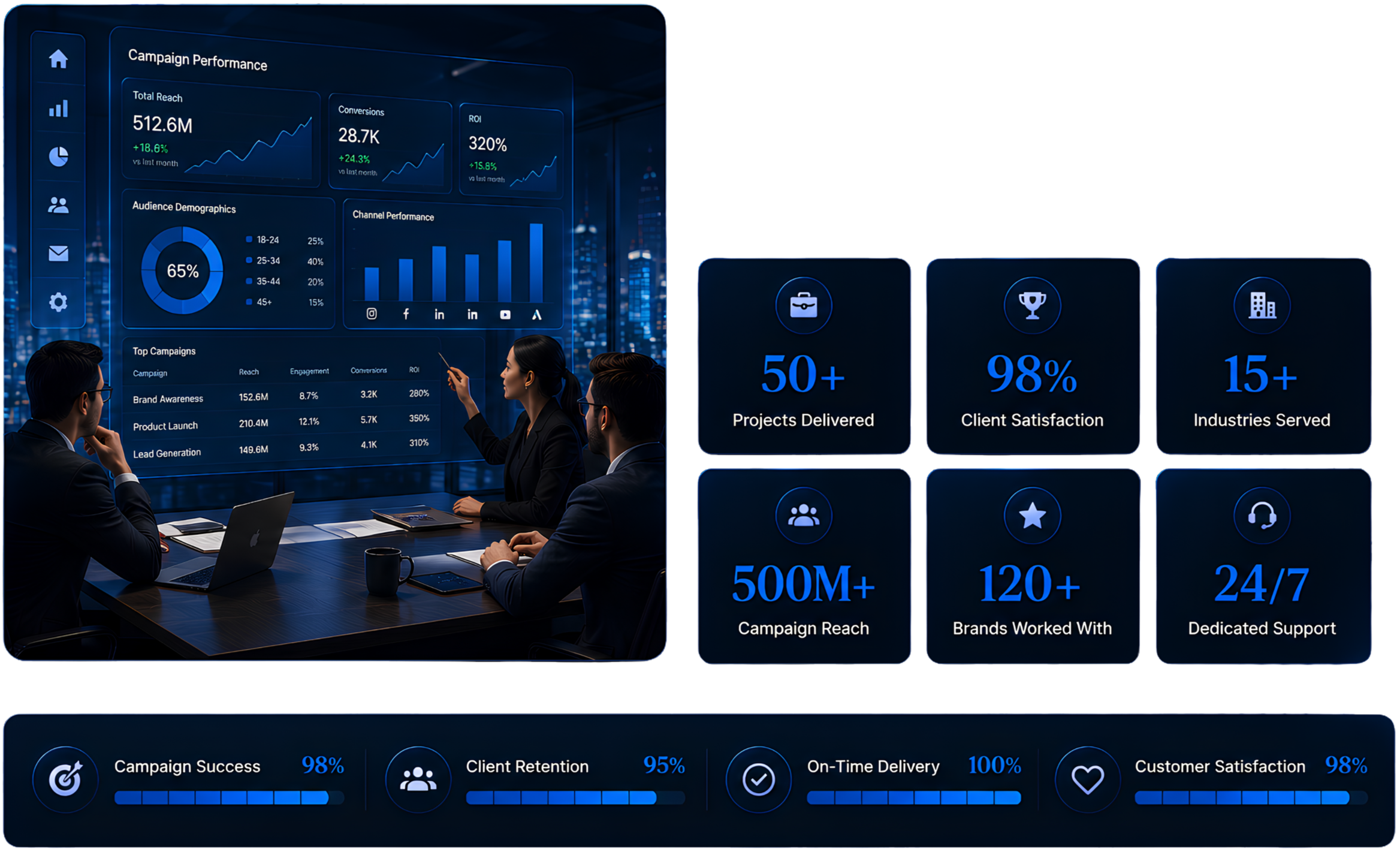 Business team in a modern conference room reviewing data on a large digital screen displaying campaign performance metrics, charts, and statistics.
