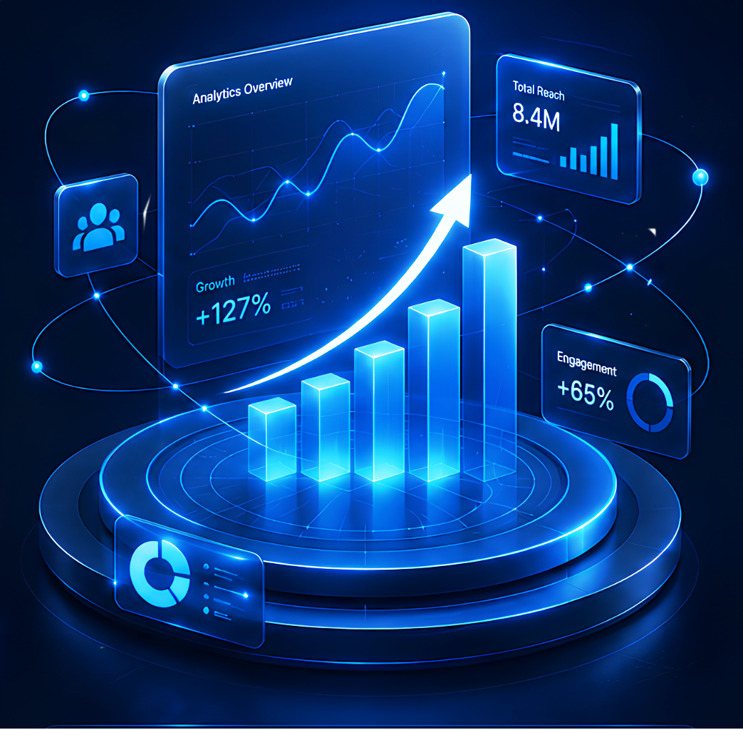 Digital visualization of growth analytics with bar graph, upward arrow, and data indicators showing engagement, reach, and growth percentages.
