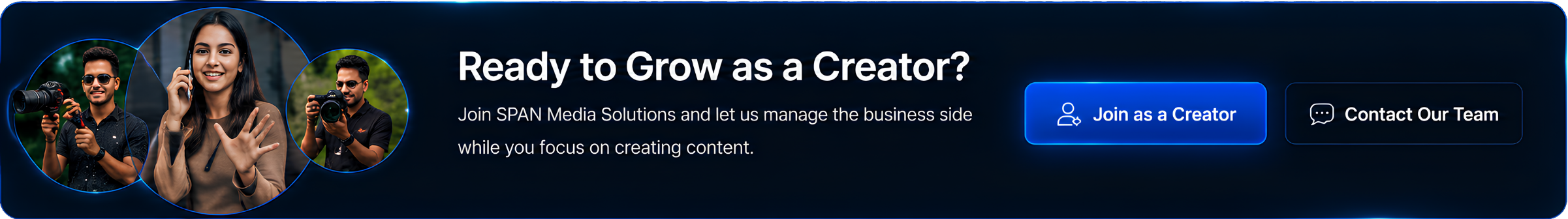 Banner promoting joining as a content creator, featuring three people with cameras, and a woman talking on the phone.