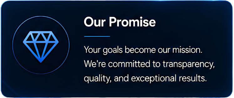 A digital graphic with a blue diamond icon and the heading "Our Promise" followed by a statement about transparency, quality, and exceptional results.