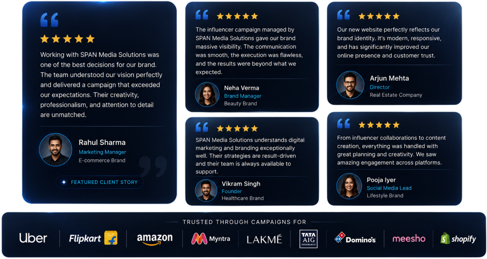 Testimonials and client logos on a dark blue background, featuring five-star reviews from clients including Neha Verma, Arjun Mehta, Vikram Singh, and Pooja Iyer, with their titles and companies; logos of Uber, Flipkart, Amazon, Myntra, Lakmé, Tata AIG, Domino's, Meesho, and Shopify at the bottom.