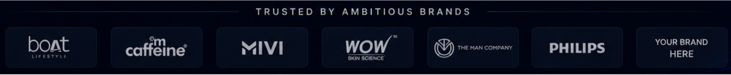 A banner displaying logos of various brands including Boat, Caffeine, Mivi, WOW Skin Science, The Man Company, Philips, and a placeholder for your brand. The banner's header reads 'Trusted by Ambitious Brands'.