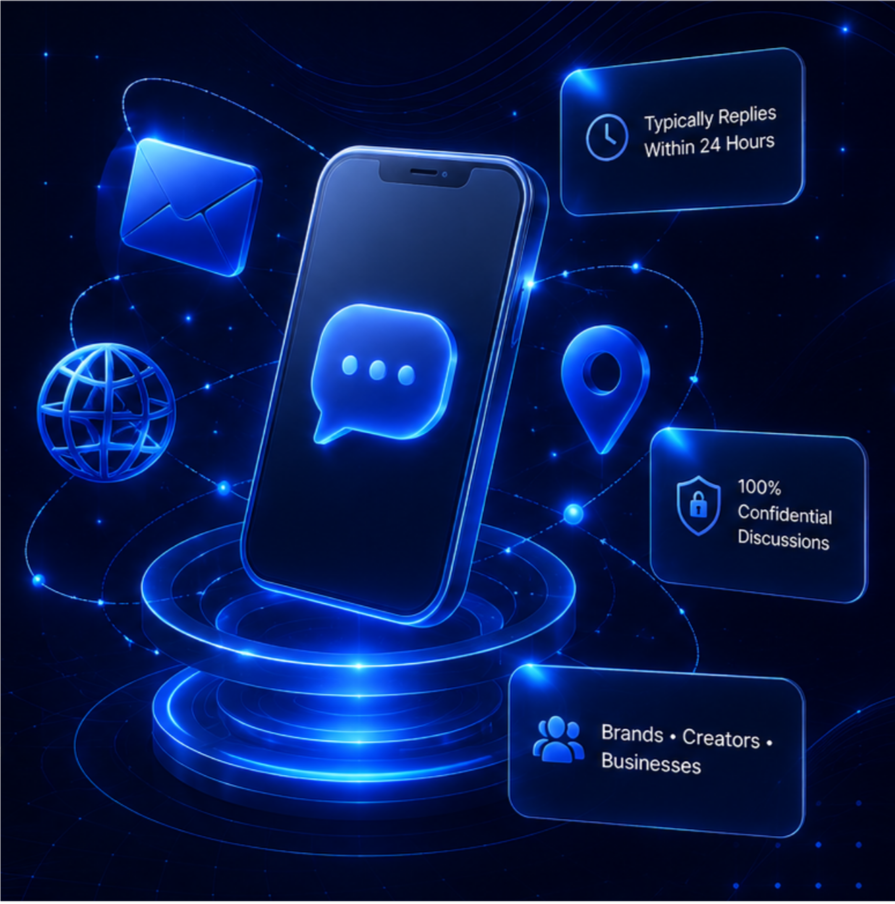 Digital illustration of a smartphone with a messaging app icon, surrounded by icons representing email, globe, location, and security, with text bubbles indicating responses within 24 hours, confidential discussions, and brands or businesses.