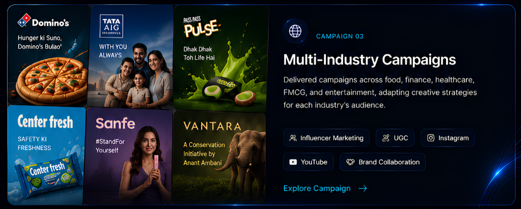 A digital graphic with multiple campaign promotions including Domino's Pizza, Tata AIG Insurance, Pulse, Center Fresh, Sanfe, and Vantara, along with a section titled 'Multi-Industry Campaigns' detailing cross-sector advertising strategies.