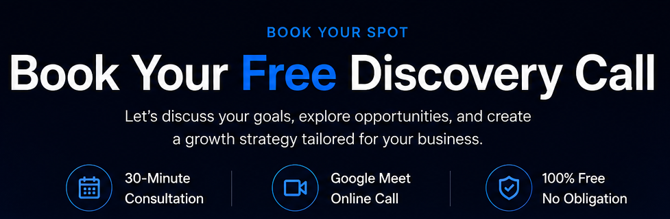 Promotional graphic for booking a free discovery call, featuring options for a 30-minute consultation and online Google Meet call, highlighting no obligation and free services.